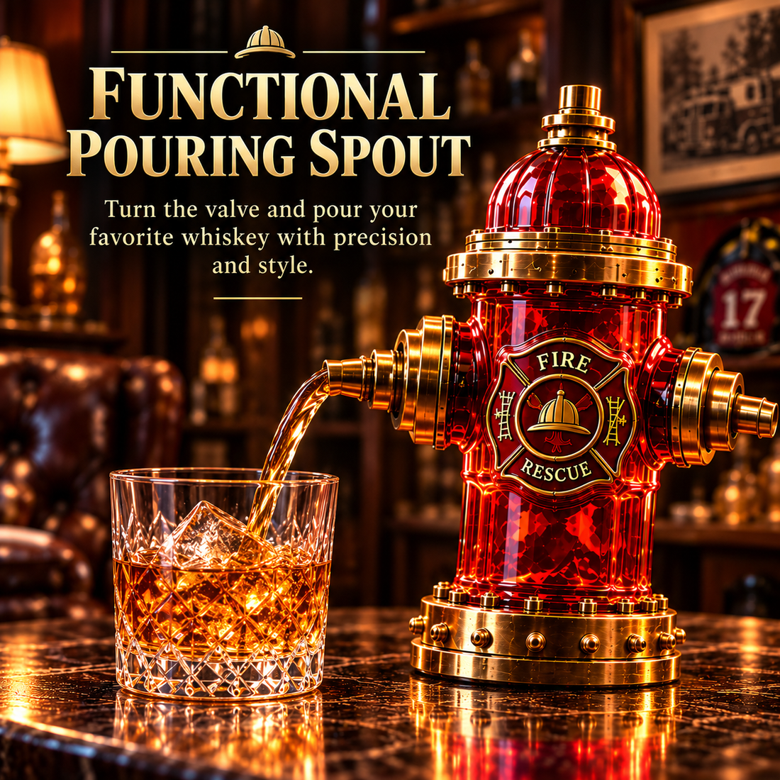 Firehouse Reserve decanter illustrated pouring a drink from the side spout into a glass
