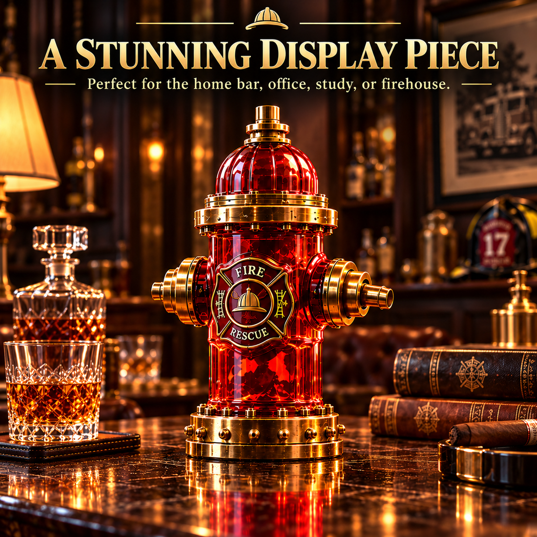Firehouse Reserve hydrant decanter displayed on a warm wood and marble home bar