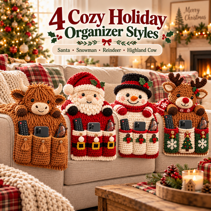 🎄 Cozy Critters™ Crochet Sofa Armrest Organizer – Cute Christmas Remote, Phone & Glasses Storage Holder