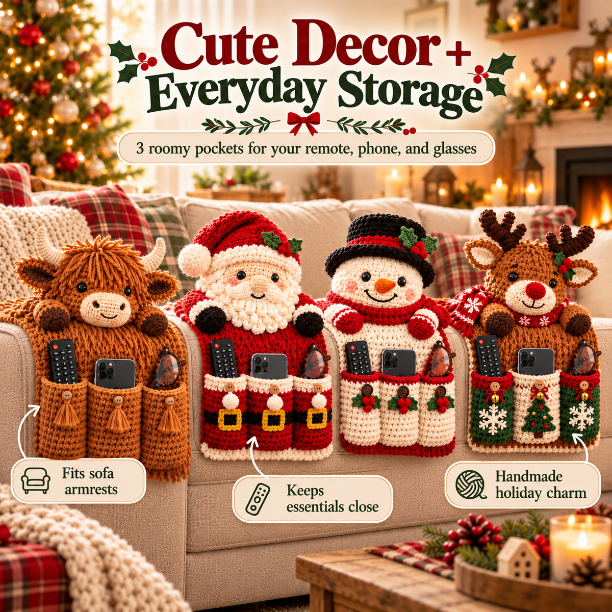 🎄 Cozy Critters™ Crochet Sofa Armrest Organizer – Cute Christmas Remote, Phone & Glasses Storage Holder