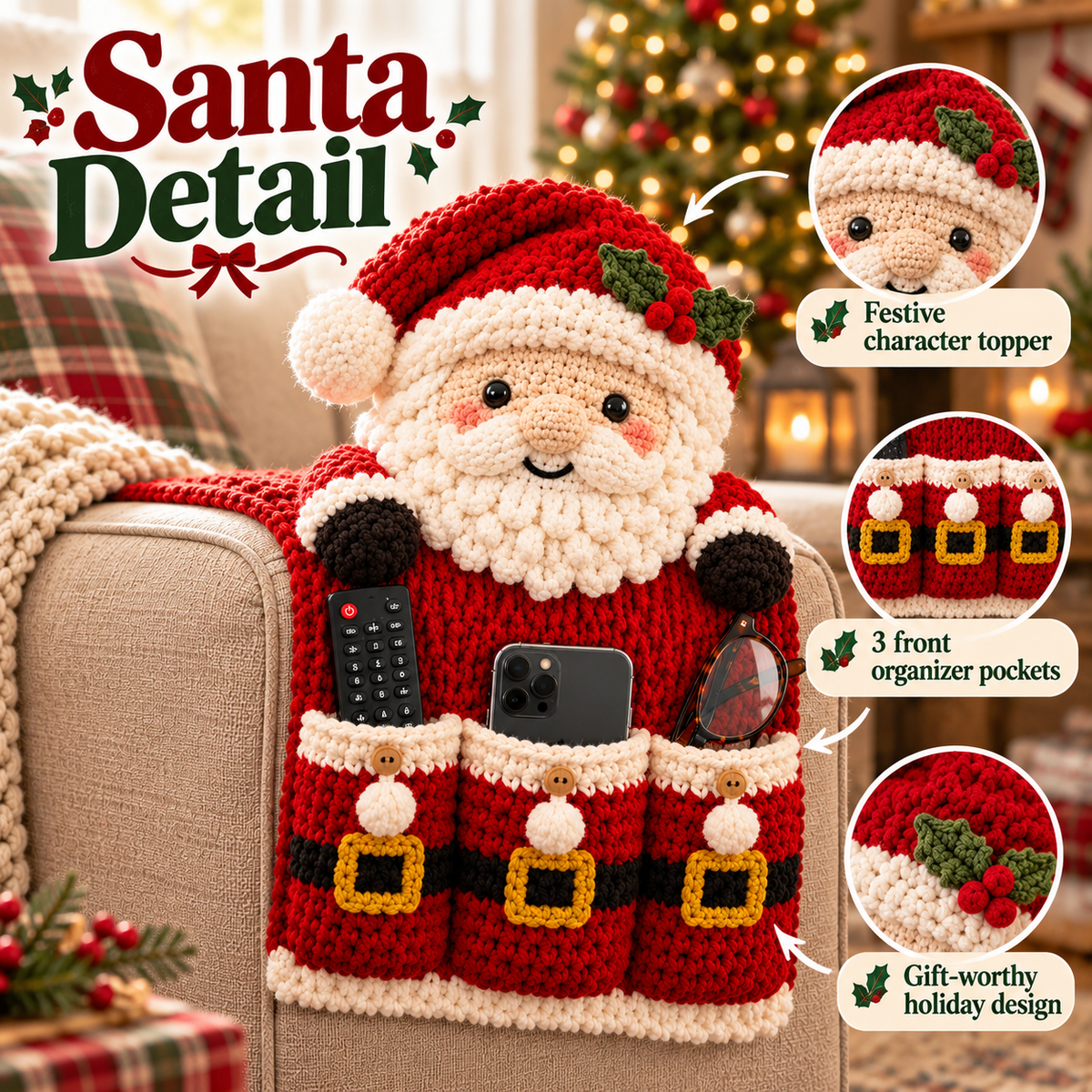 🎄 Cozy Critters™ Crochet Sofa Armrest Organizer – Cute Christmas Remote, Phone & Glasses Storage Holder