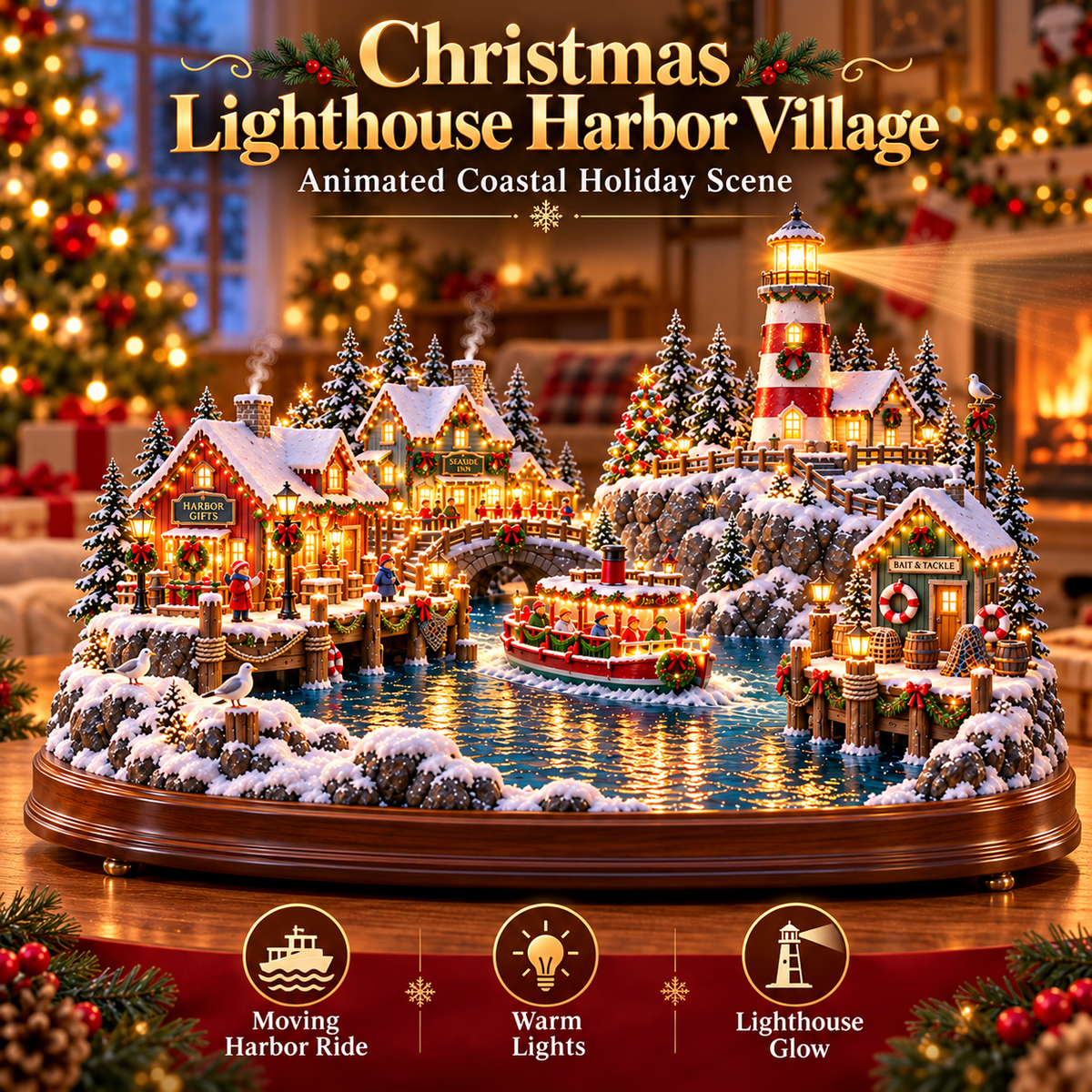 ⚓ Christmas Lighthouse Harbor Village – Moving Boat & Warm Lights