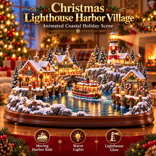 ⚓ Christmas Lighthouse Harbor Village – Moving Boat & Warm Lights