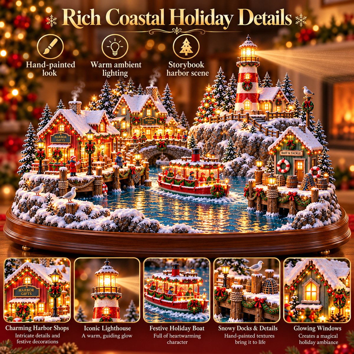 ⚓ Christmas Lighthouse Harbor Village – Moving Boat & Warm Lights