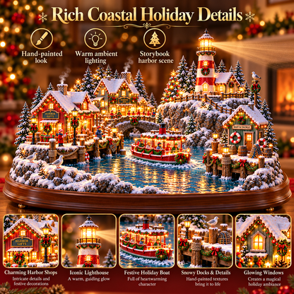 ⚓ Christmas Lighthouse Harbor Village – Moving Boat & Warm Lights