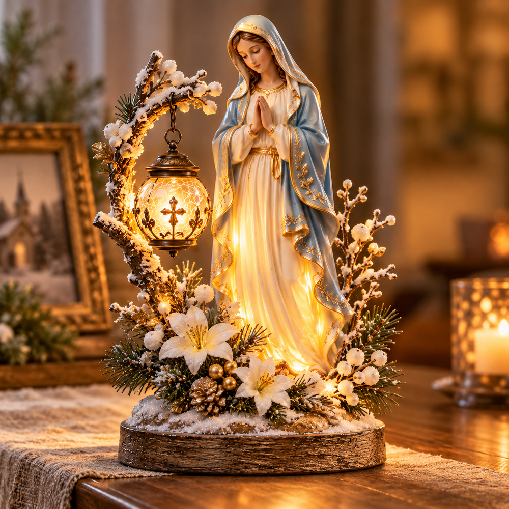 Virgin Mary praying beside illuminated Christmas lantern