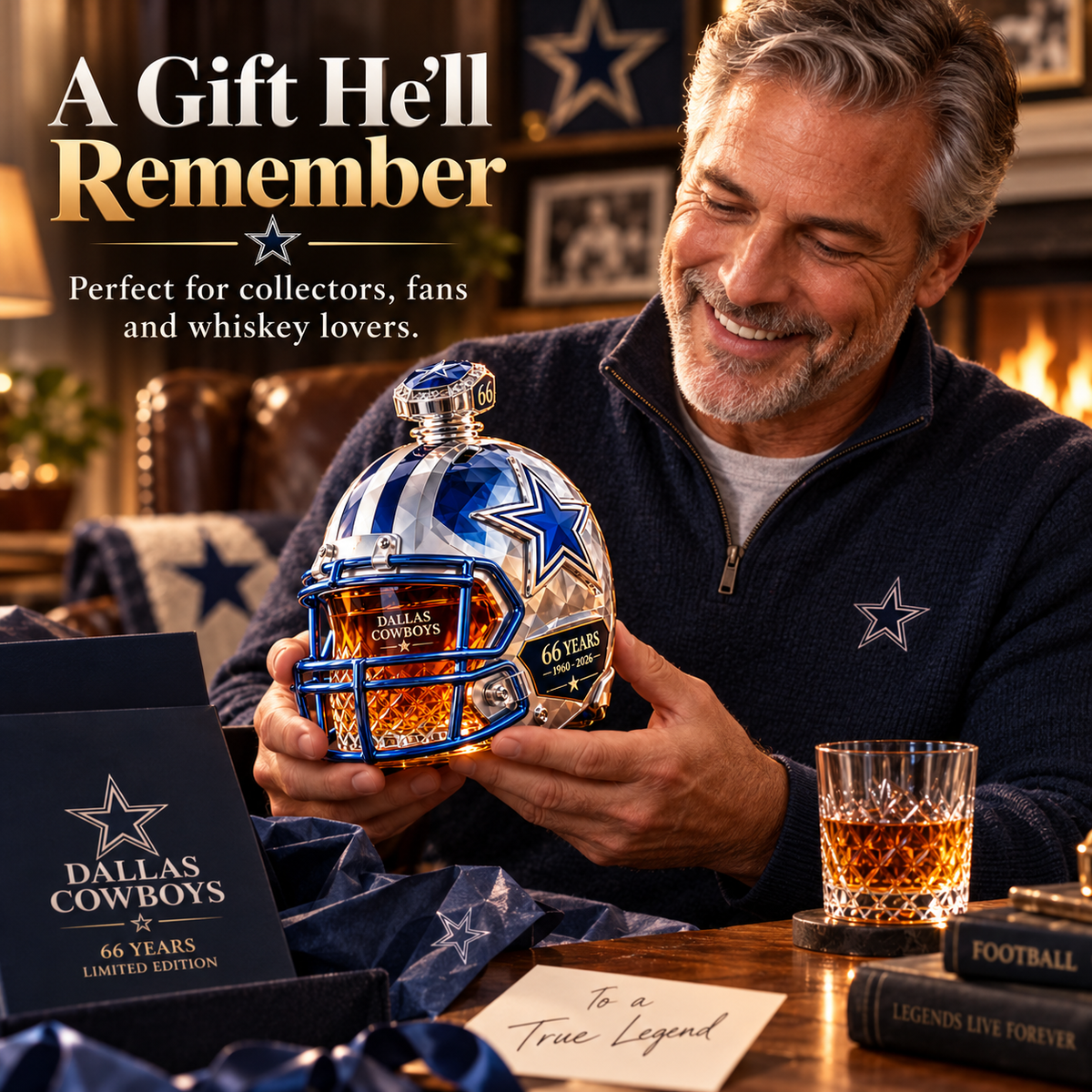 🏈💙DALLAS Football 66th Anniversary Helmet Decanter – 1960–2026 Silver & Blue Star Commemorative Bottle