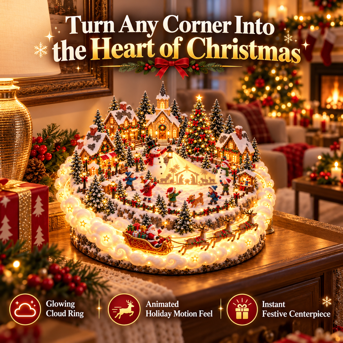 Cloudbound Christmas Village centerpiece on a living room table surrounded by Christmas decorations