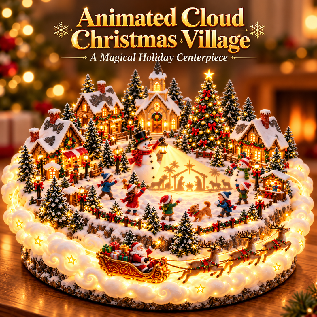 Cloudbound Christmas Village with illuminated cloud ring, Santa sleigh, snowmen and Christmas cottages