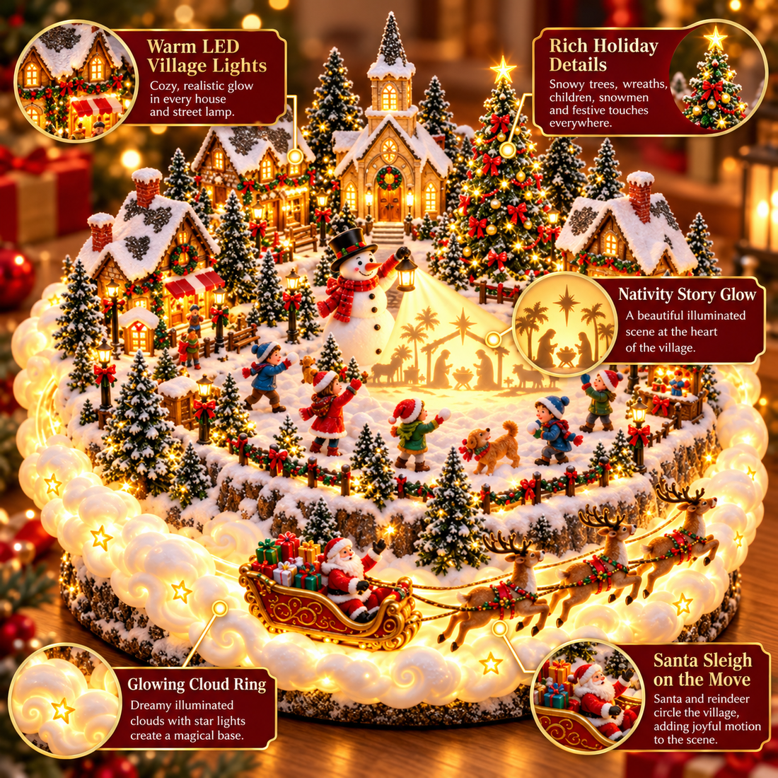 Product feature image showing glowing clouds, snowy cottages, Christmas tree, Nativity imagery and Santa sleigh
