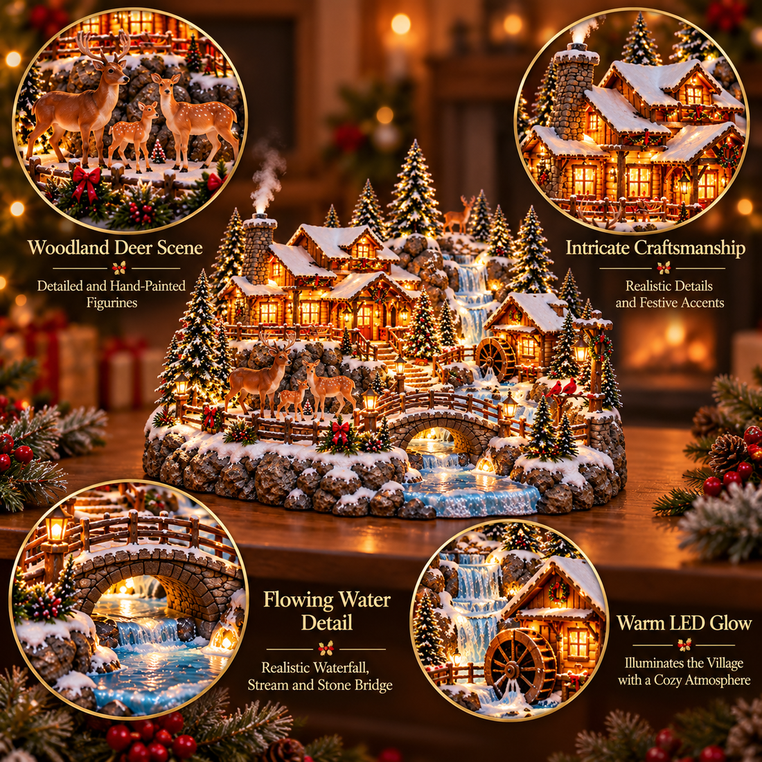 Product detail image showing deer figures, rustic cabins, flowing-water-inspired scenery and warm village lighting