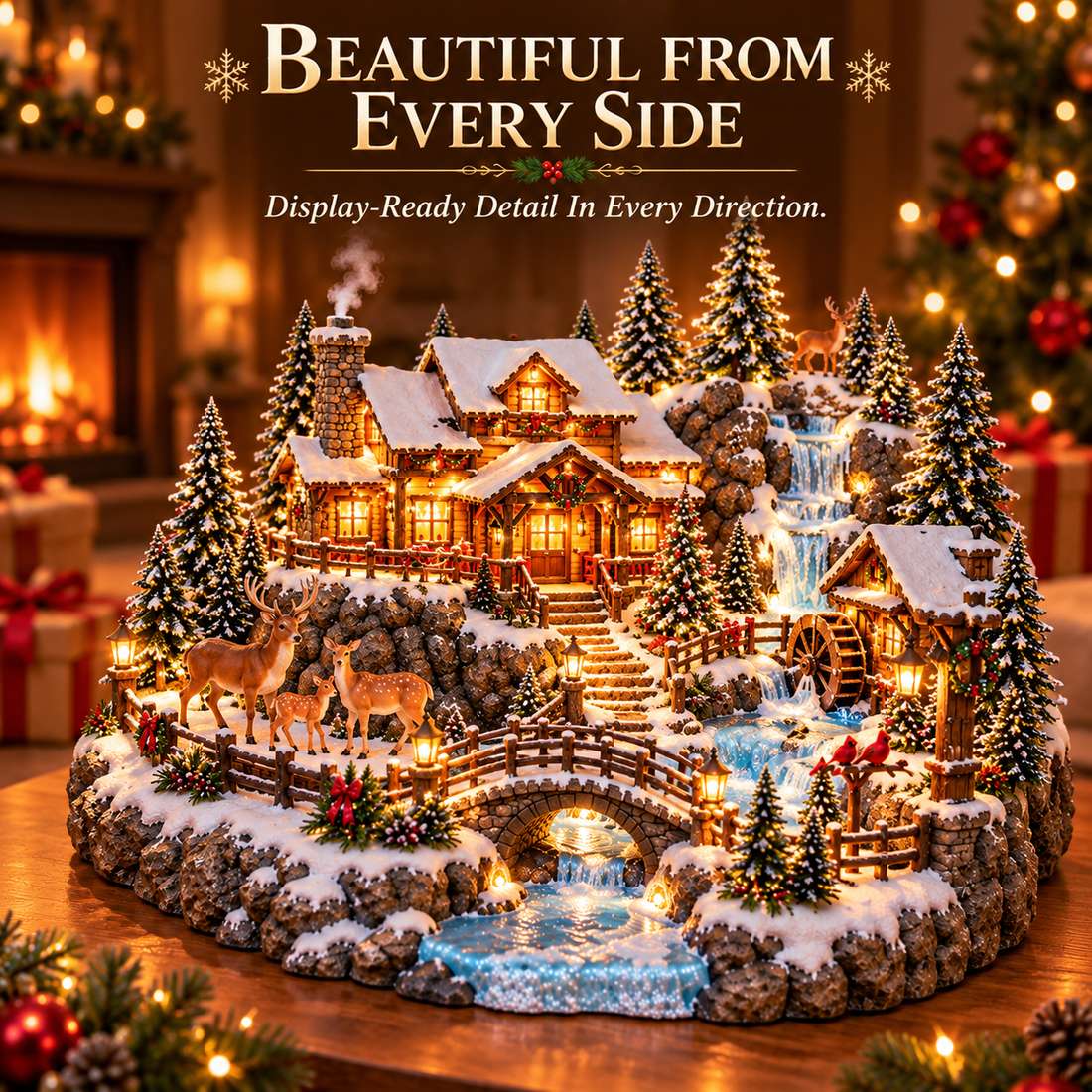 Different viewing angle showing warm lighted cabins in the snow-covered Christmas village