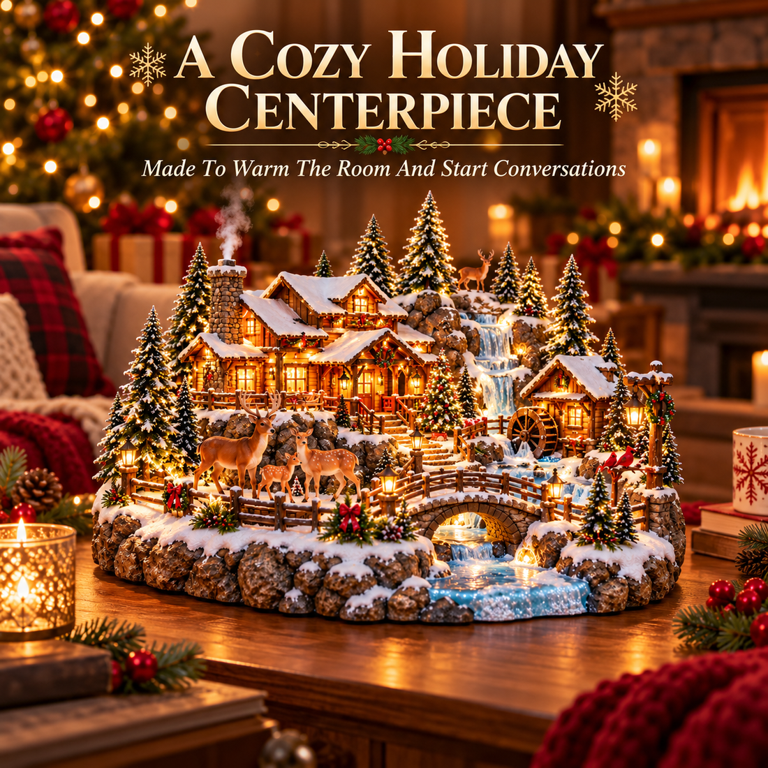 Lighted Christmas Deer Lodge displayed in cozy American living room beside fireplace