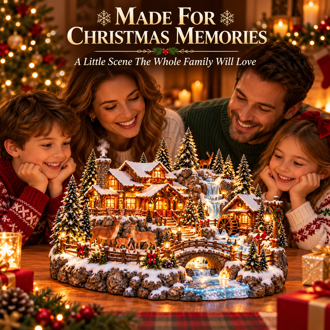Family gathered around illuminated Whispering Pines Deer Lodge Christmas village