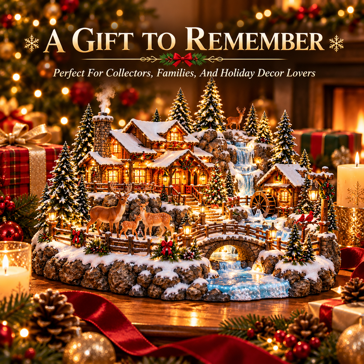 🎄✨ Whispering Pines Deer Lodge™ — Lighted Christmas Woodland Village with Deer Family