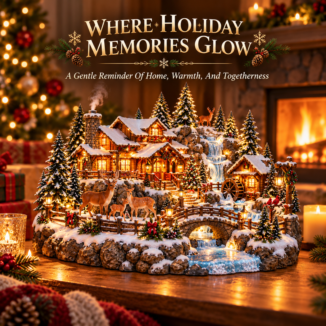 Lighted woodland Christmas village with deer family in a warmly decorated holiday home