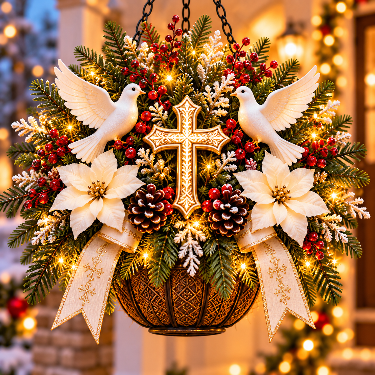 Dove and Cross Christmas hanging basket lifestyle scene