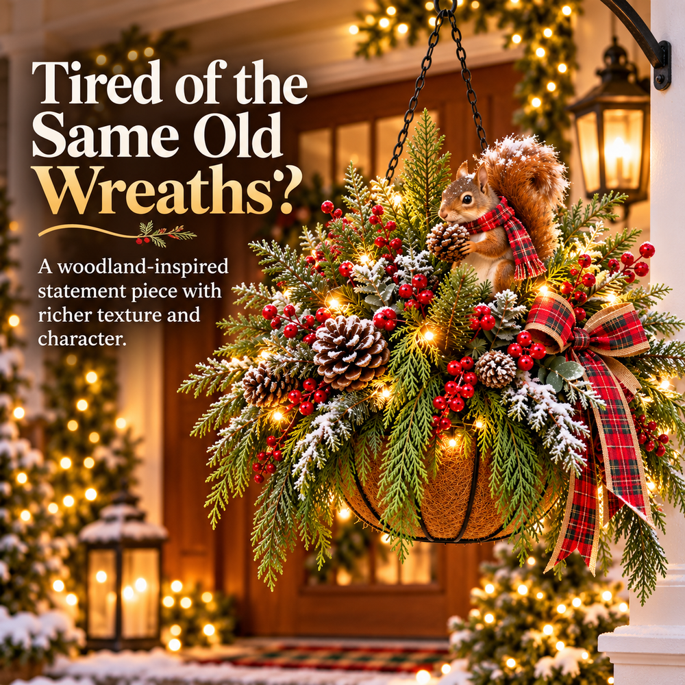 Woodland hanging basket as an alternative to ordinary Christmas wreaths