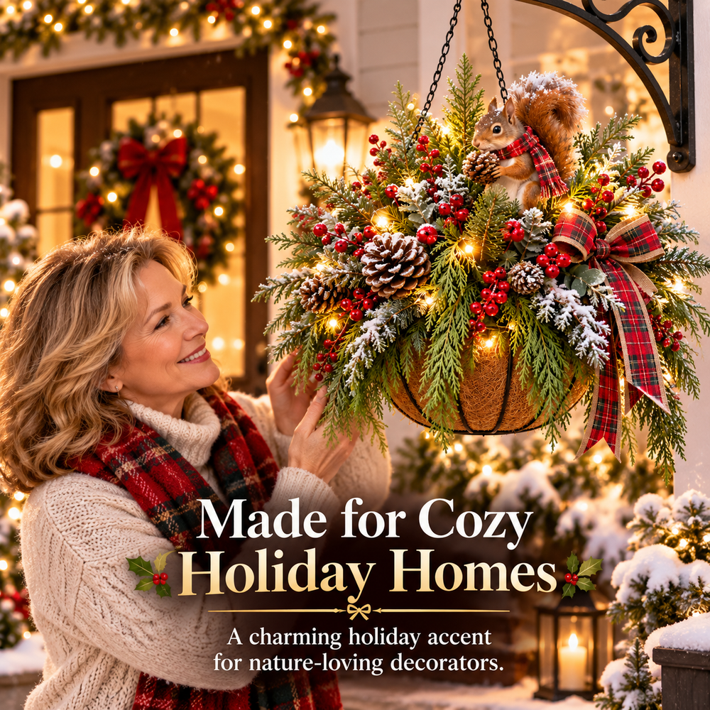 Woman admiring woodland squirrel Christmas hanging basket