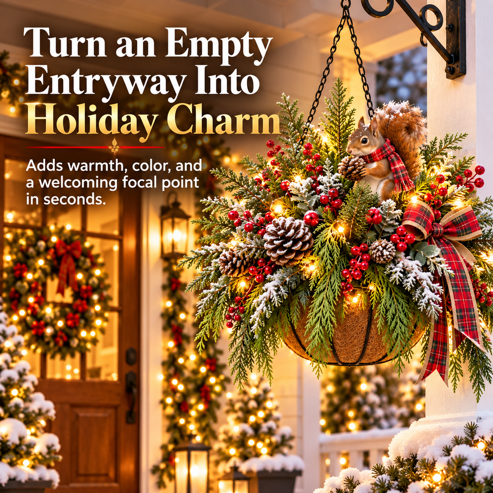 Lighted squirrel Christmas hanging basket decorating an entryway