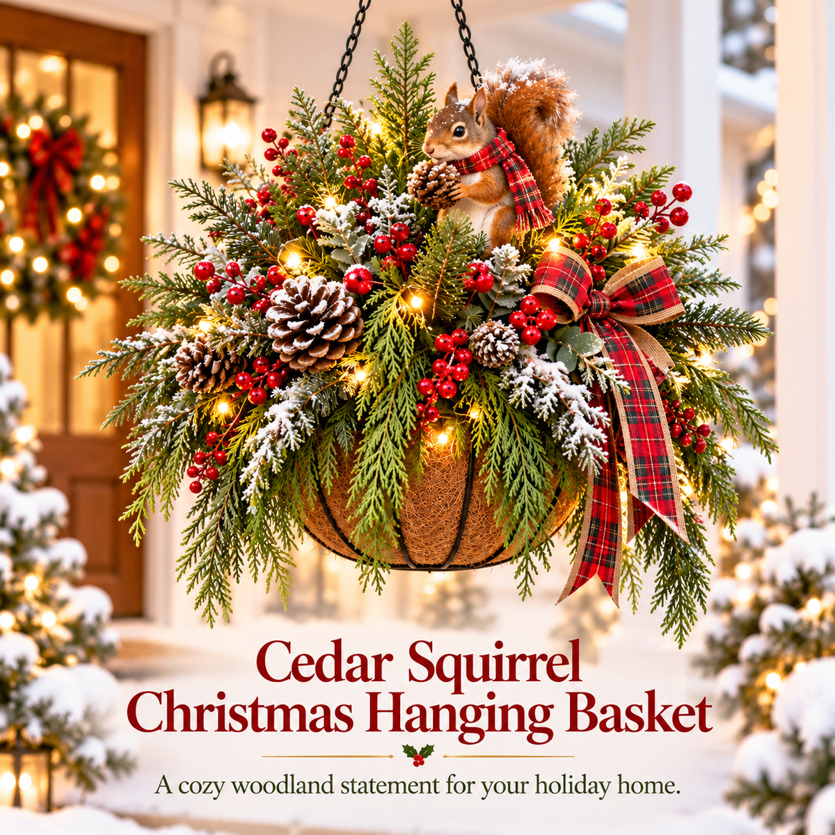 🎄✨ 50% OFF | Cedar Squirrel Christmas Hanging Basket™ – Pre-Lit Woodland Holiday Porch Decor with Pinecones, Red Berries & Plaid Bow 🐿️