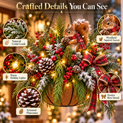 🎄✨ 50% OFF | Cedar Squirrel Christmas Hanging Basket™ – Pre-Lit Woodland Holiday Porch Decor with Pinecones, Red Berries & Plaid Bow 🐿️