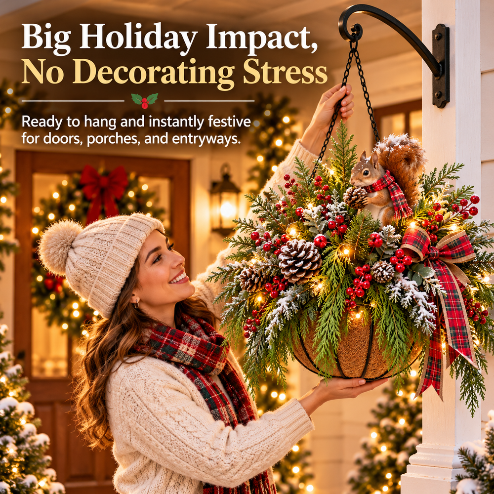 Woman hanging Cedar Squirrel Christmas Basket on a porch hook