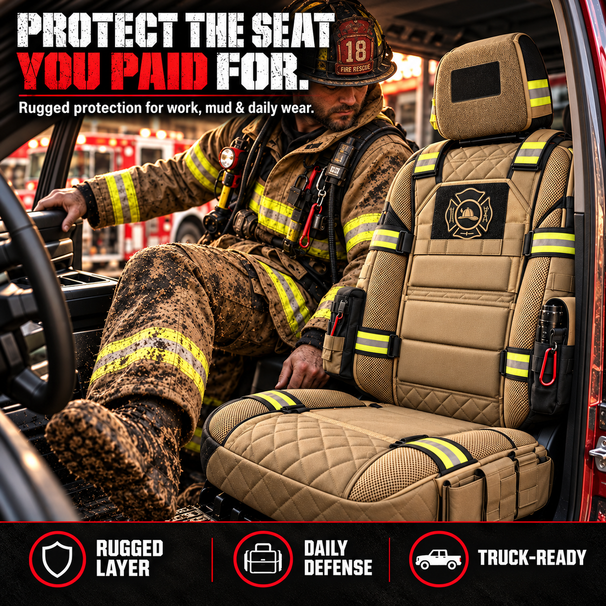 🔥 LIMITED-TIME 50% OFF | FireGuard™ Firefighter-Inspired Tactical Truck Seat Cover – Rugged Protection & Smart Storage