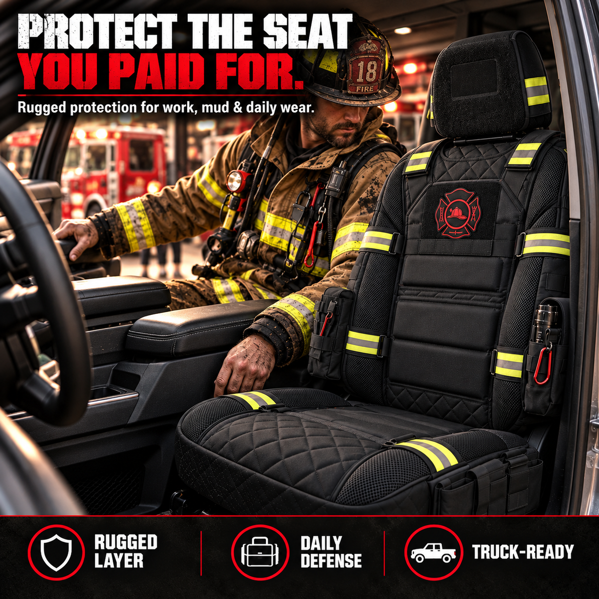 🔥 LIMITED-TIME 50% OFF | FireGuard™ Firefighter-Inspired Tactical Truck Seat Cover – Rugged Protection & Smart Storage