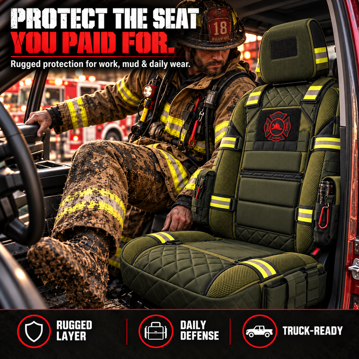 🔥 LIMITED-TIME 50% OFF | FireGuard™ Firefighter-Inspired Tactical Truck Seat Cover – Rugged Protection & Smart Storage