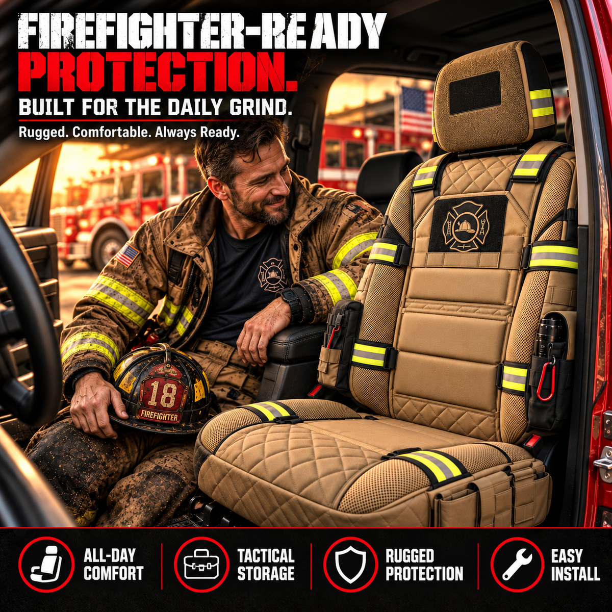 🔥 LIMITED-TIME 50% OFF | FireGuard™ Firefighter-Inspired Tactical Truck Seat Cover – Rugged Protection & Smart Storage