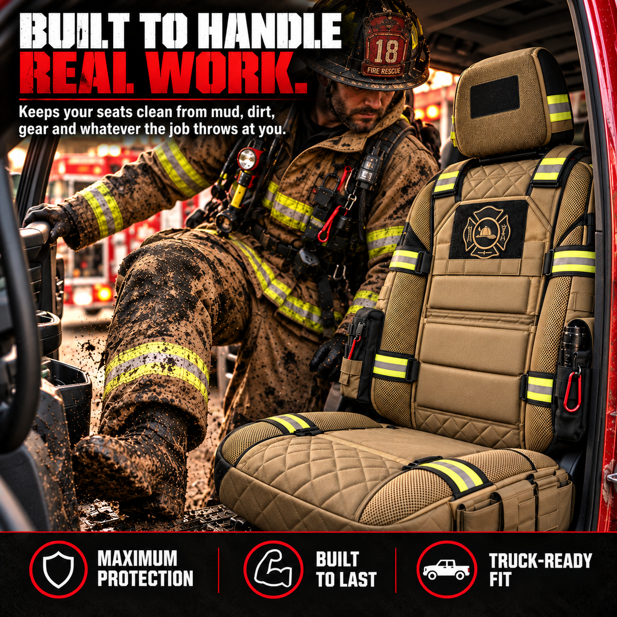 🔥 LIMITED-TIME 50% OFF | FireGuard™ Firefighter-Inspired Tactical Truck Seat Cover – Rugged Protection & Smart Storage