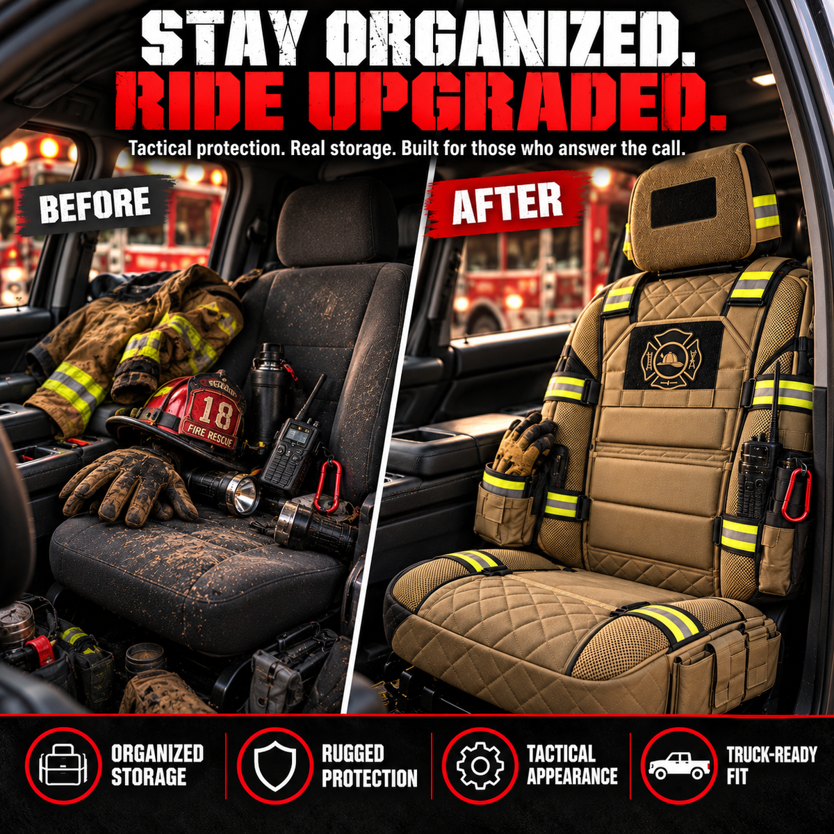 🔥 LIMITED-TIME 50% OFF | FireGuard™ Firefighter-Inspired Tactical Truck Seat Cover – Rugged Protection & Smart Storage
