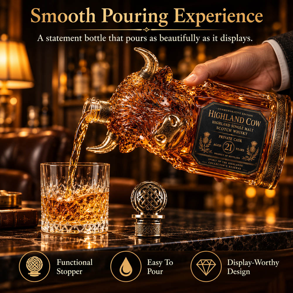 Promotional image of Highland cow decanter pouring into drinking tumbler