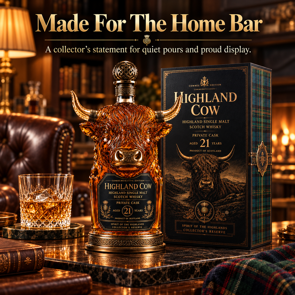Highland cow collector decanter displayed on a luxury dark home bar