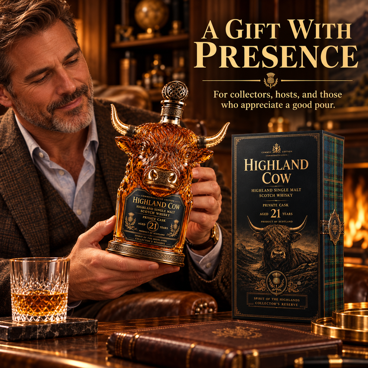Adult collector holding Highland cow decanter by a display box