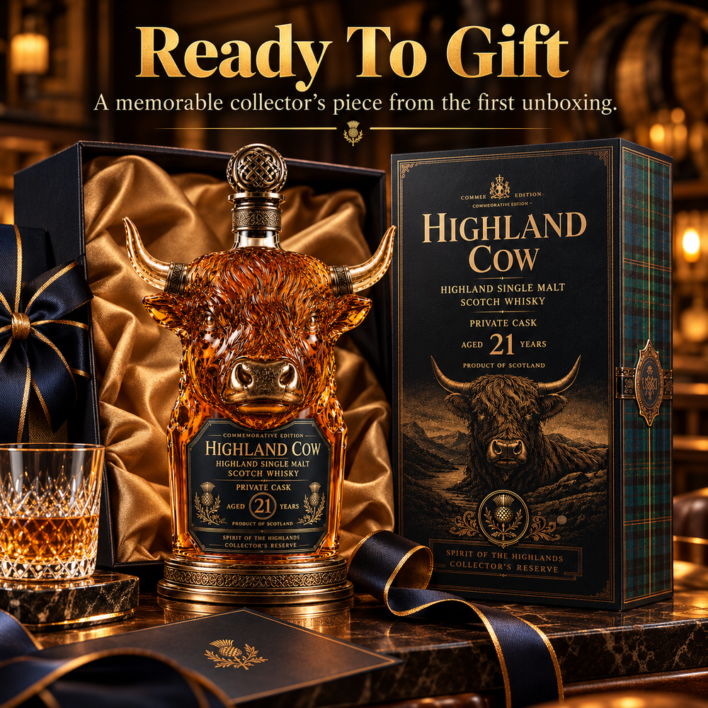 Highland cow decanter displayed with black-and-gold gift presentation box