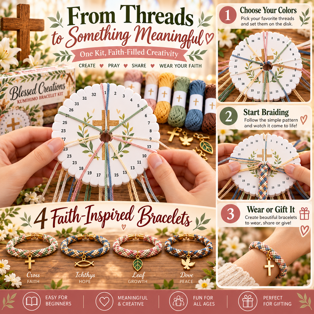 Three illustrated steps showing how to choose threads, braid with the disc and finish a Christian bracelet