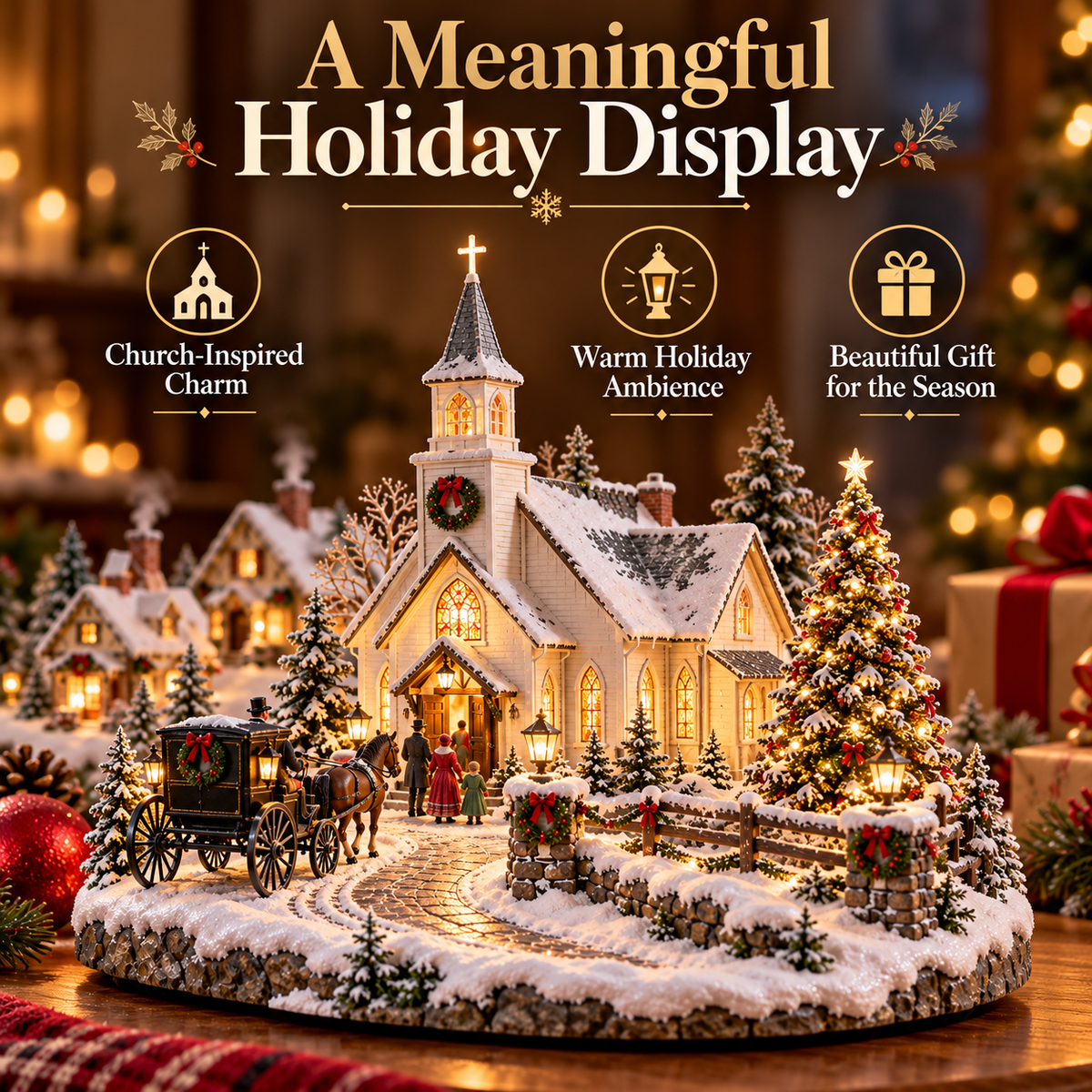 ✨ Christmas Eve Country Church™ – Lighted Snowy Church Village with Horse Carriage & Warm Holiday Glow