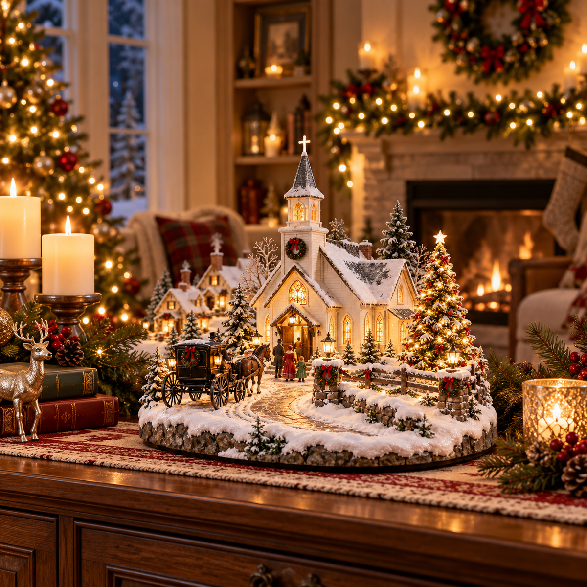 ✨ Christmas Eve Country Church™ – Lighted Snowy Church Village with Horse Carriage & Warm Holiday Glow