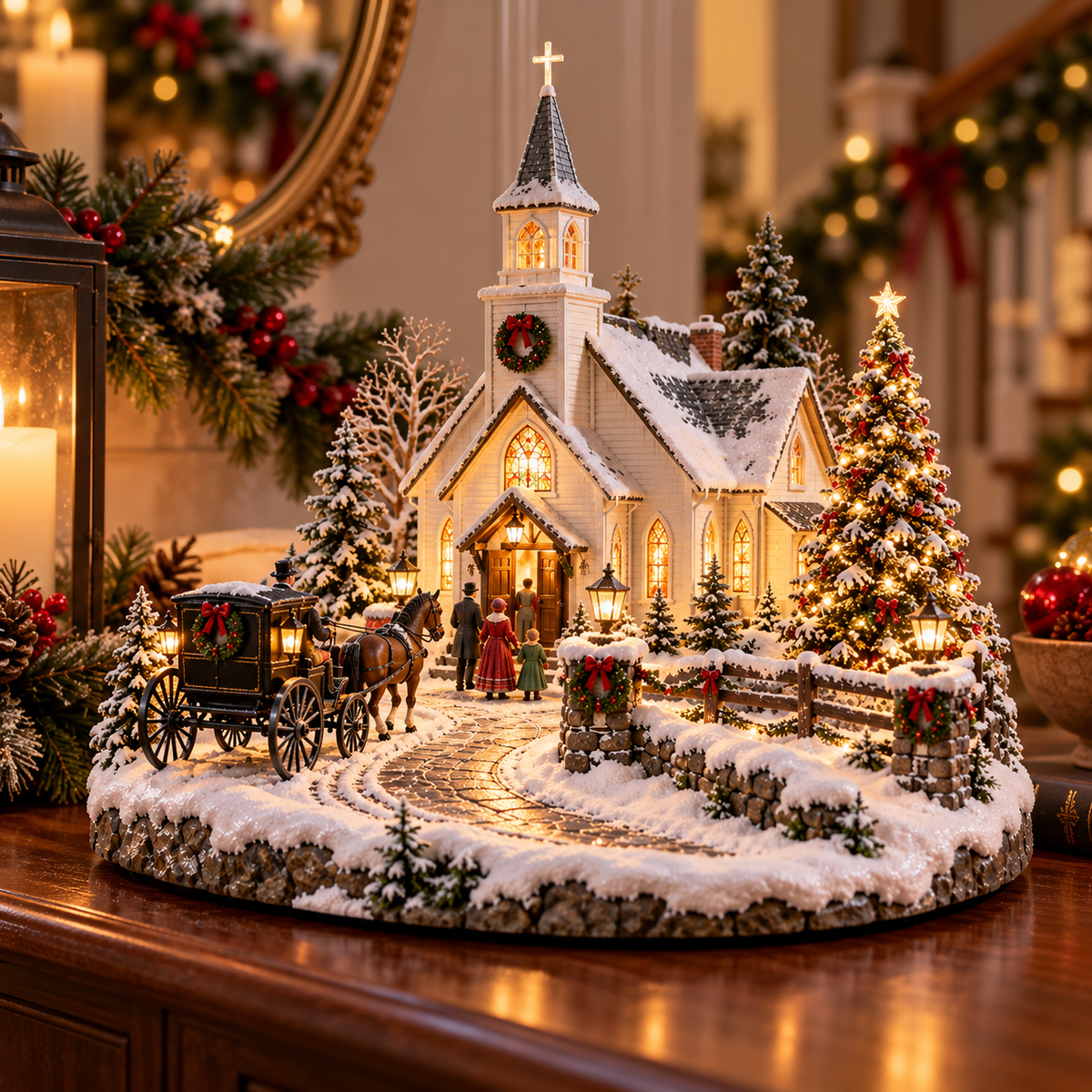 ✨ Christmas Eve Country Church™ – Lighted Snowy Church Village with Horse Carriage & Warm Holiday Glow