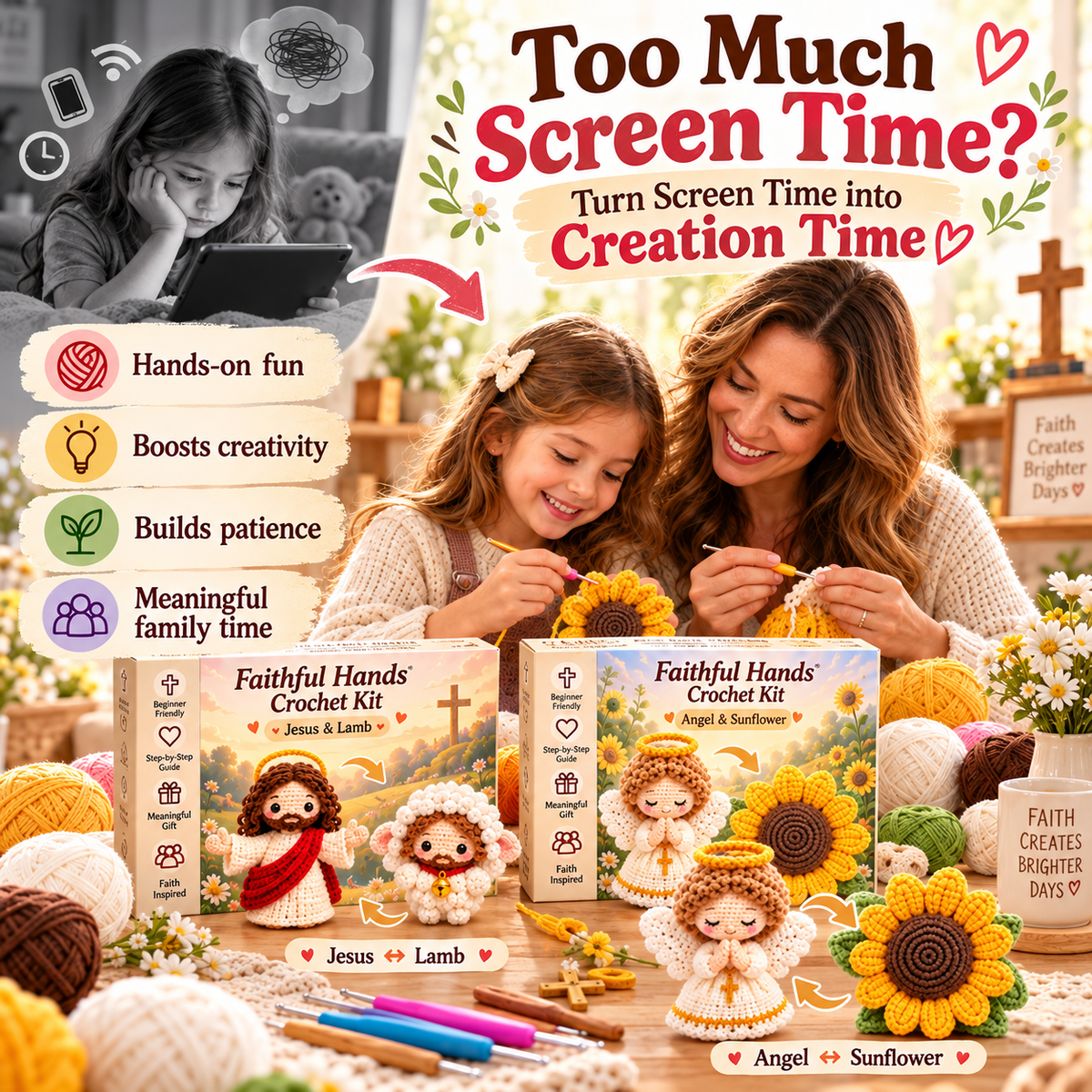 🙏✝️ Faithful Hands™ 2-in-1 Reversible Christian Crochet Kit – Jesus & Lamb, Angel & Sunflower, Mary & Lily | Meaningful DIY Faith Gifts ❤️