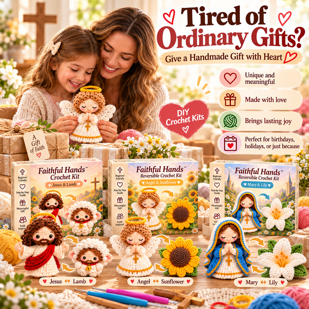 🙏✝️ Faithful Hands™ 2-in-1 Reversible Christian Crochet Kit – Jesus & Lamb, Angel & Sunflower, Mary & Lily | Meaningful DIY Faith Gifts ❤️