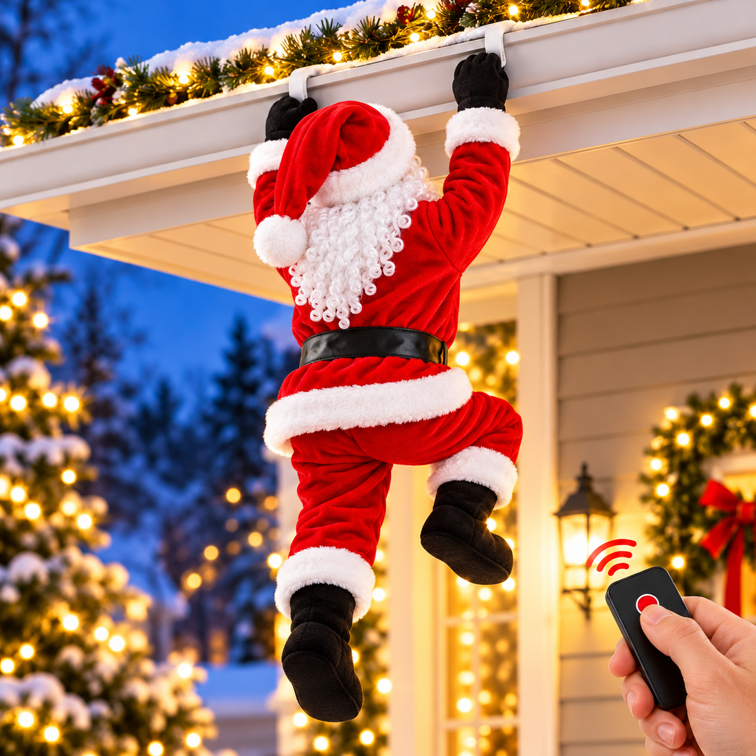 Remote controlled Climbing Santa hanging with his back facing outward from a decorated Christmas roof gutter