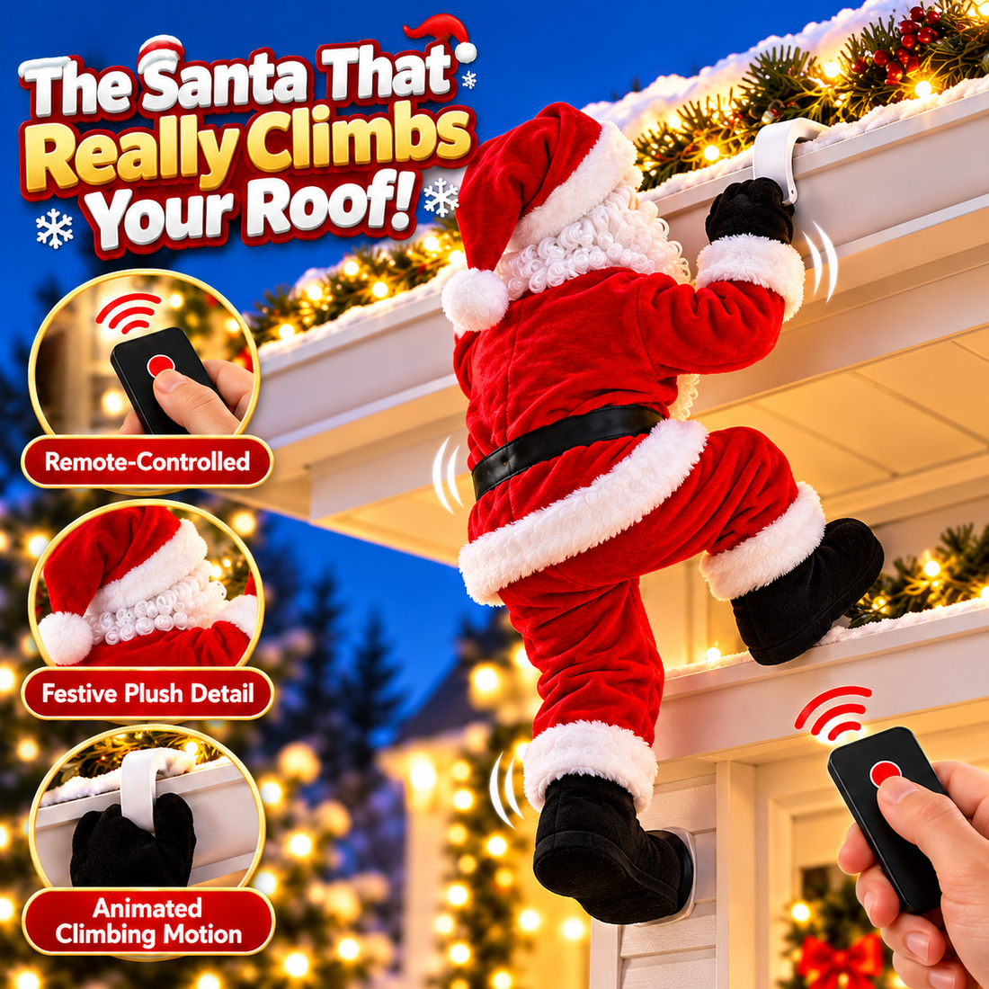 Climbing Santa Christmas decoration close-up showing remote control, festive costume and hanging position