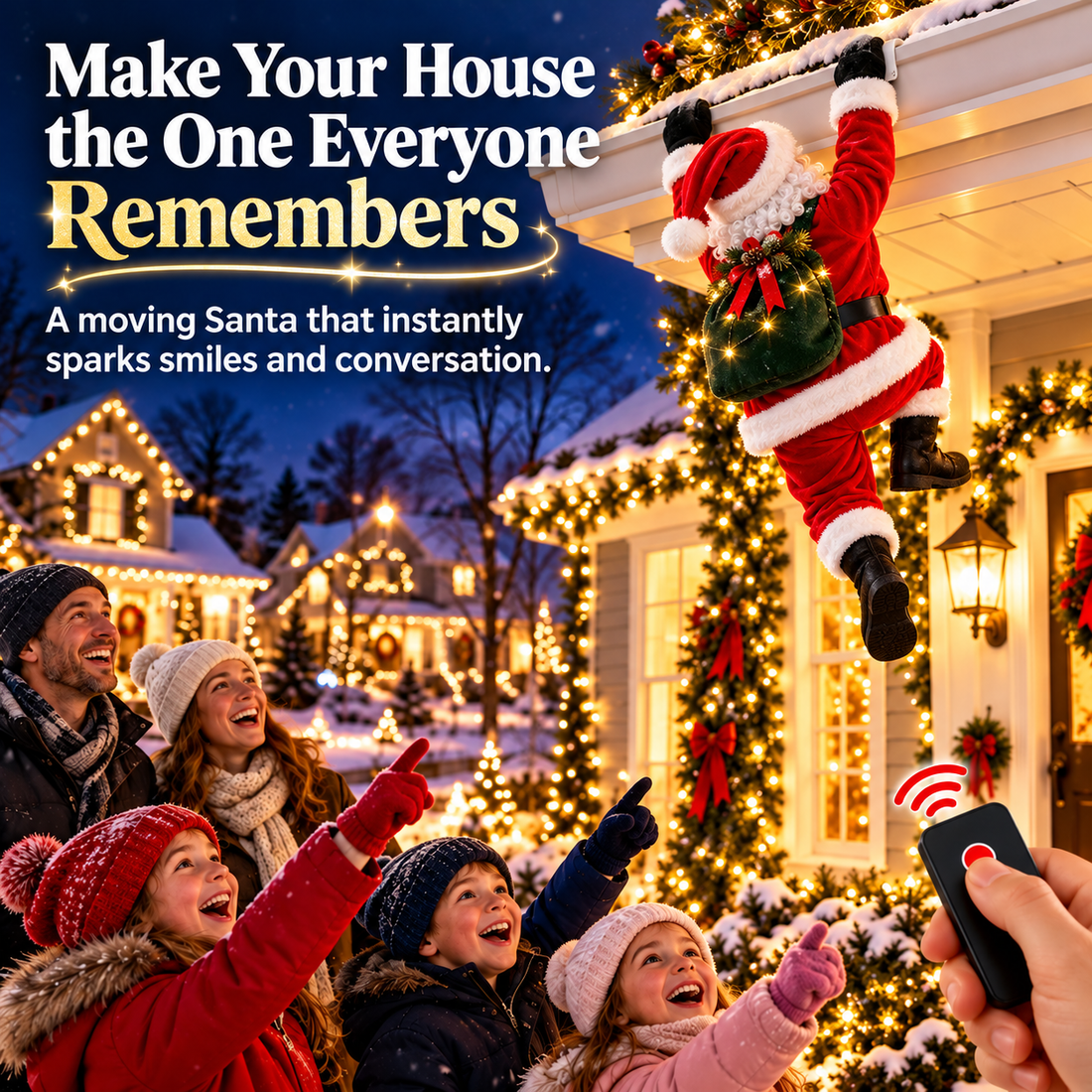 Family enjoying Christmas roof decoration with moving Santa