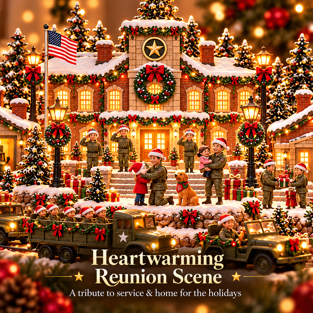 🎄 Home for the Holidays Military Christmas Village™ – Warm LED Lights, Army-Inspired Vehicles & Heartwarming Holiday Display