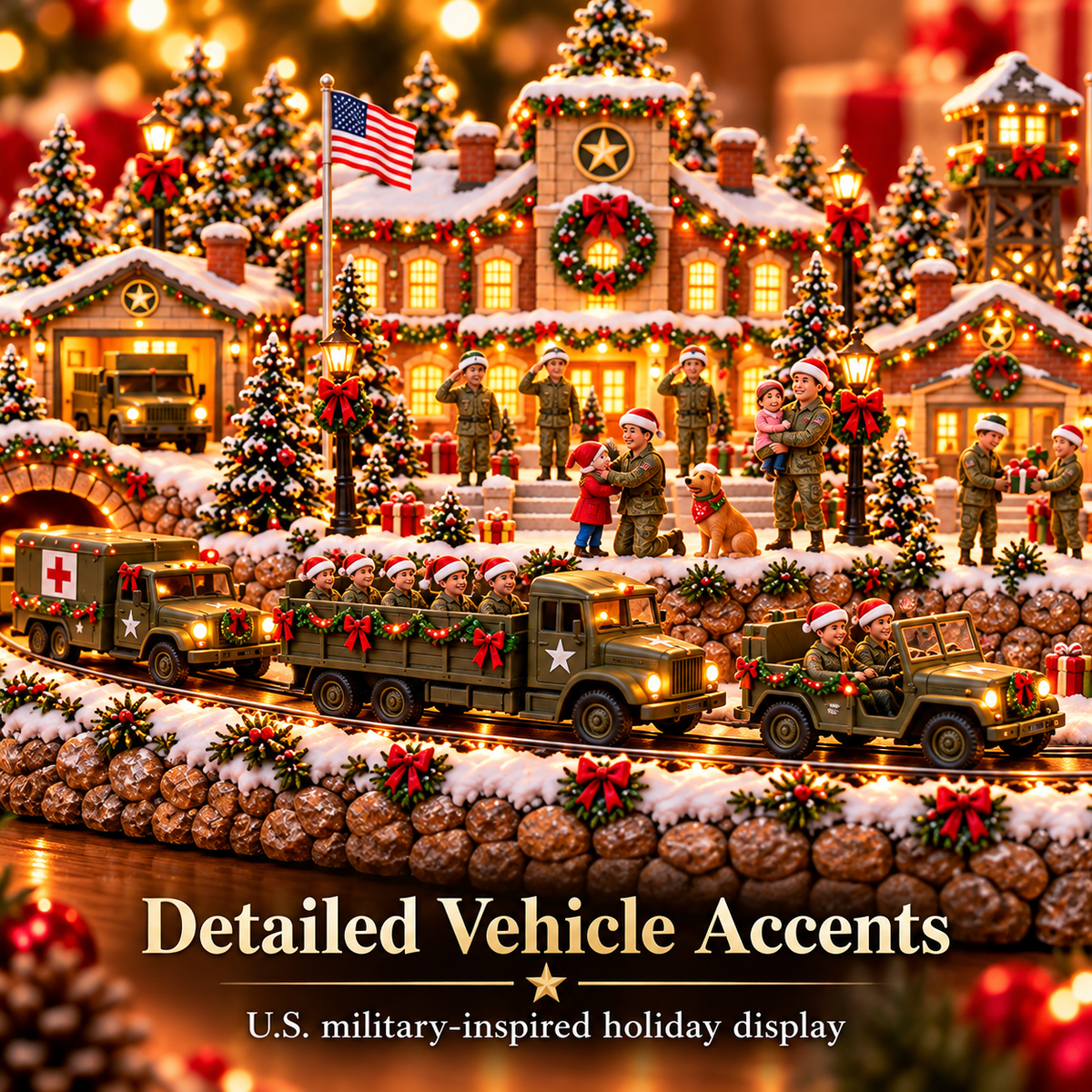 Military-inspired vehicles, festive accents and illuminated buildings in the Christmas village