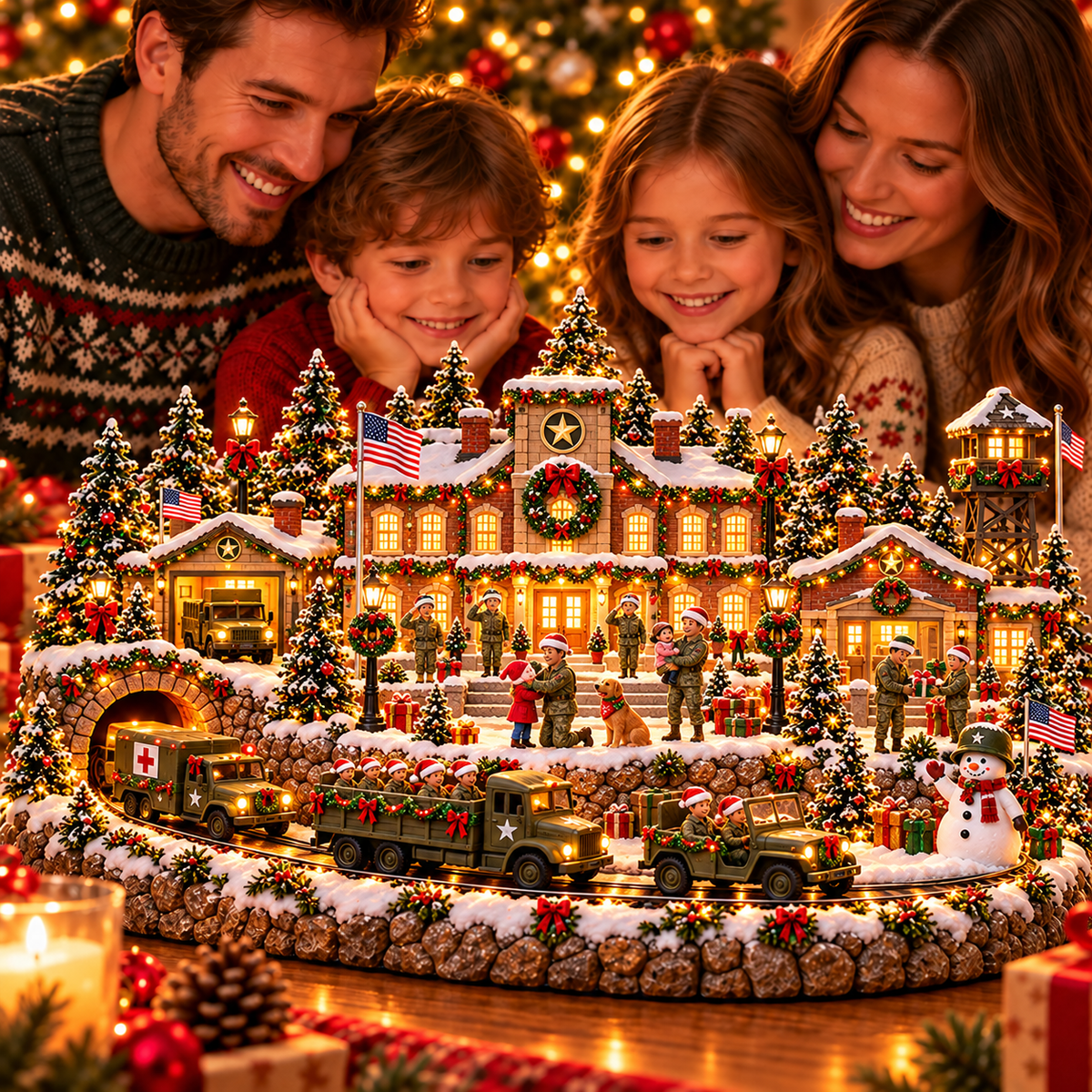 Military Christmas village with warm LED lights, snowy buildings and homecoming figures