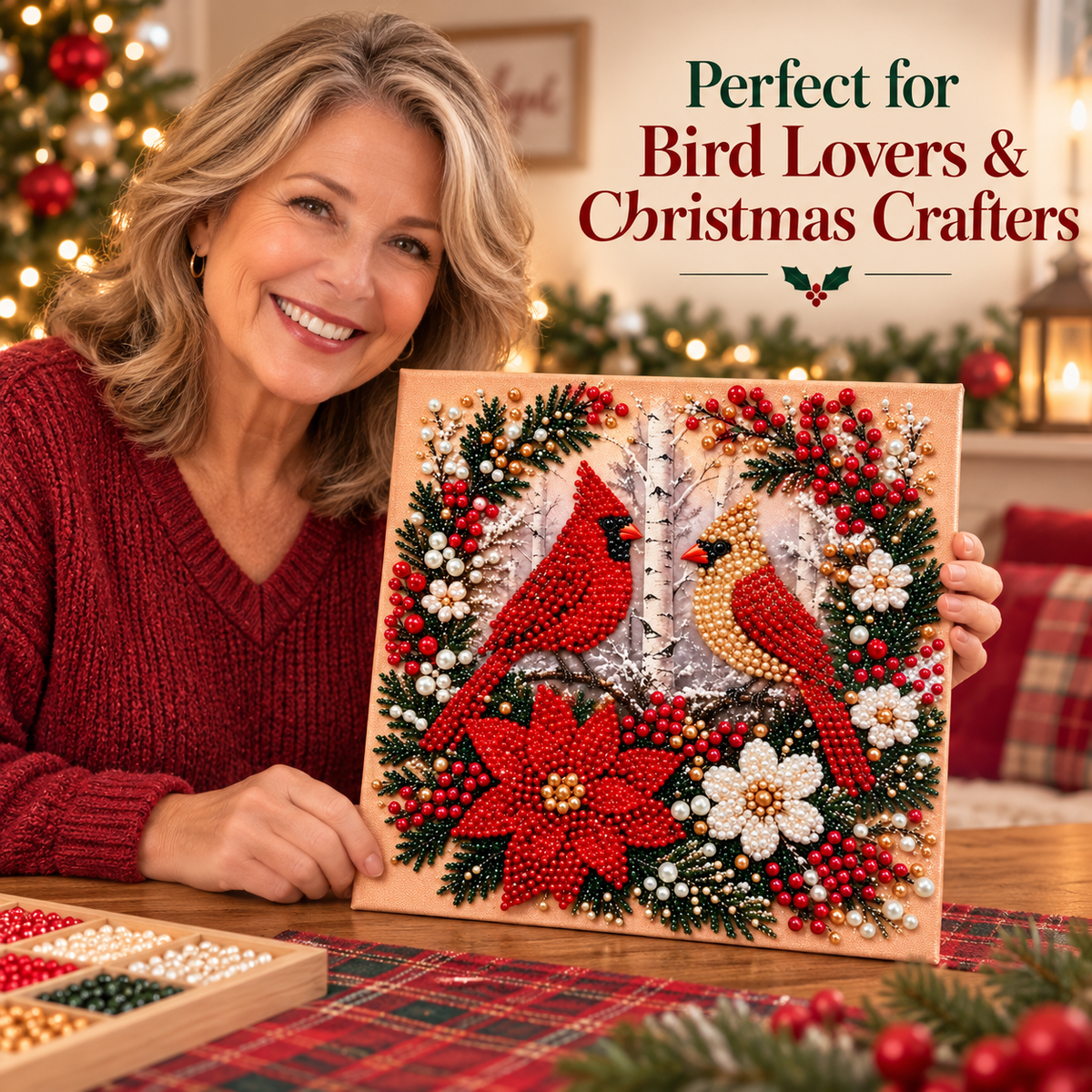 🎄✨ Cozy Christmas Pearl Art™ – Beginner-Friendly 3D Beaded DIY Craft Kit | Hot Cocoa & Christmas Cardinals | Handmade Holiday Décor & Gifts ❤️
